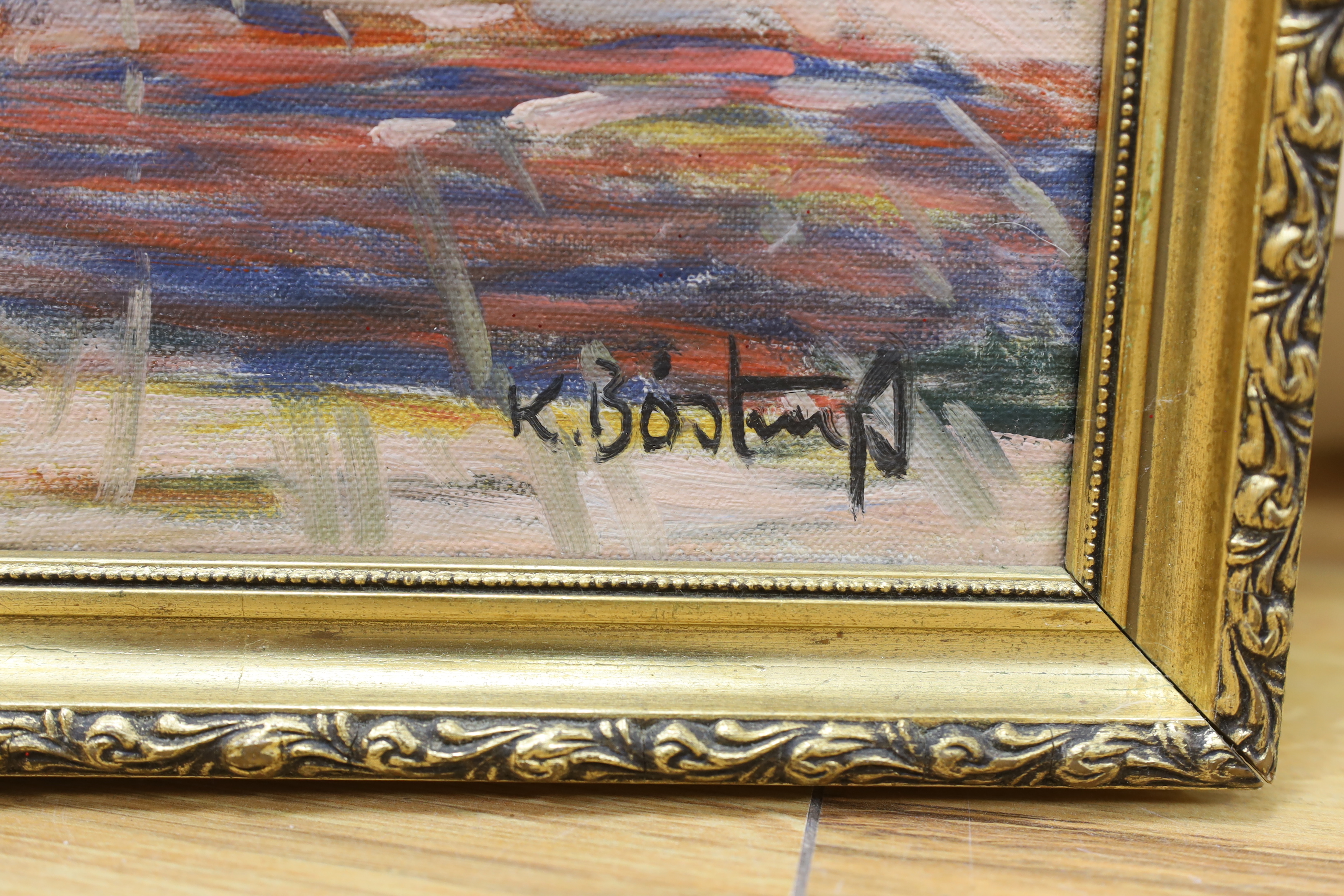 K. Bost..., oil on canvas, Continental street scene with figure, signed, 24 x 30cm